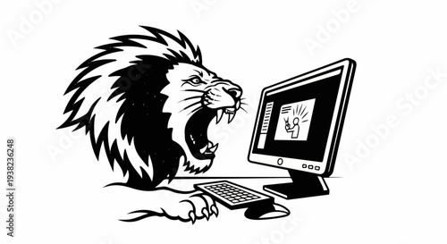 Ferocious lion with mane roaring at computer screen, typing on keyboard