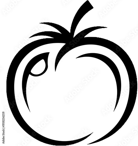 Stylized black outline of a tomato with leafy stem, minimalist graphic