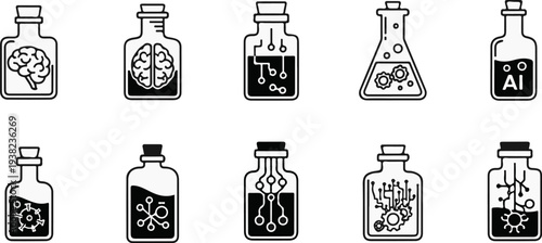 Ten stylized icons of laboratory flasks and bottles containing scientific or technological concepts