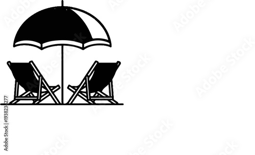 Two empty beach chairs sit under a striped umbrella, awaiting visitors