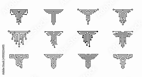 Twelve stylized circuit board letter T logos in black on white background