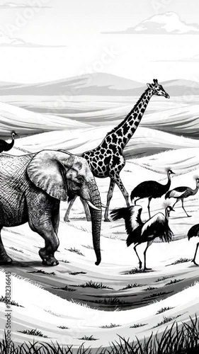 Detailed black and white illustration depicting an African savanna scene with a giraffe elephant and flamingos grazing in tall grass under a vast sky