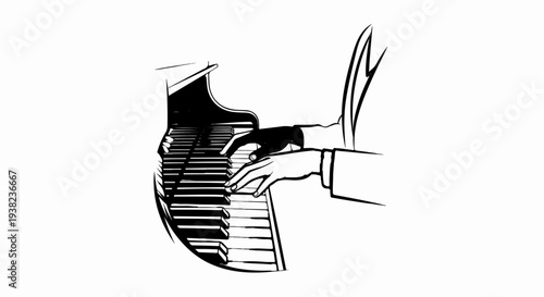 Stylized black and white sketch of hands playing a grand piano