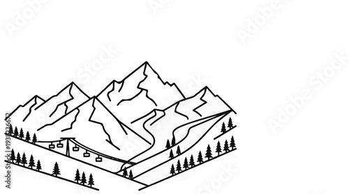 Stylized line art of mountains, ski lifts, and pine trees on a slope