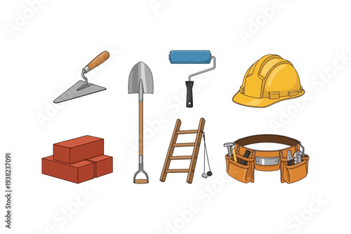 set of simple vector construction tools including mason trowel, paint roller, construction helmet, brick stack, shovel, ladder, and tool belt for labor day symbol