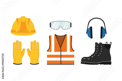 vector illustration of a set of industrial worker safety equipment featuring hard hat, safety goggles, ear protection, reflective vest, gloves, and steel toe boots