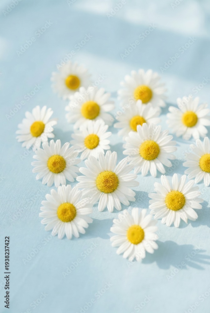 Obraz premium Fresh white daisy flowers arranged on a light blue background in bright natural sunlight.