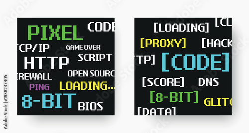 Retro pixel typography poster with colorful programming and gaming terms like HTTP, code, proxy, 8-bit, DNS, loading and ping. Vintage digital style inspired by early computer interfaces and hacker ae