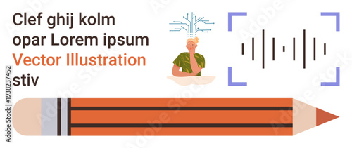 Creativity, education, technology, digital content creation, learning, data visualization. Human with digital tree connections, sound waves and pencil graphic. Creativity and education