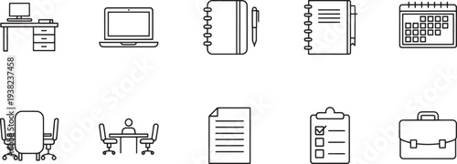 Thin line office and travel essentials vector illustration flat design scalable icons set