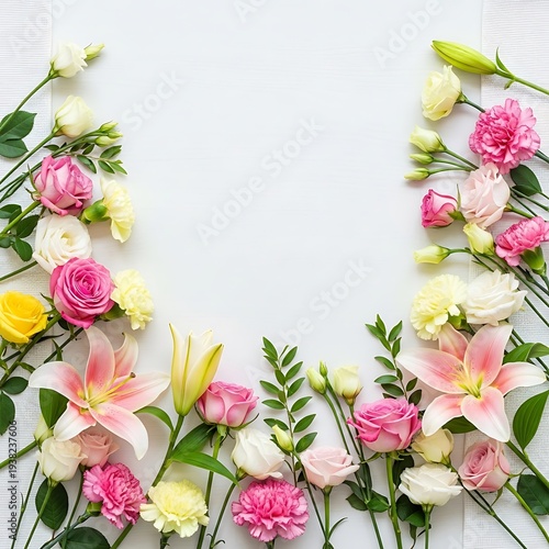 Floral arrangement with roses, lilies, and carnations on white surface