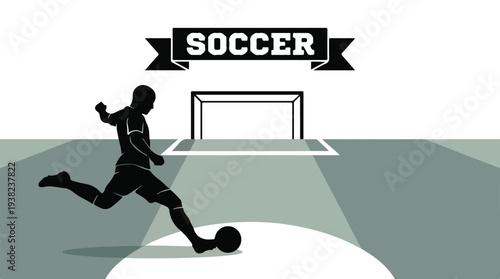 Dynamic soccer player silhouette kicking ball towards goal, graphic illustration