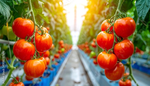 Tomato vines in greenhouse with ripening red tomatoes under sunlight