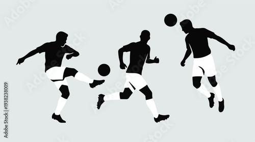 Soccer players in action: kicking, running, and heading the ball