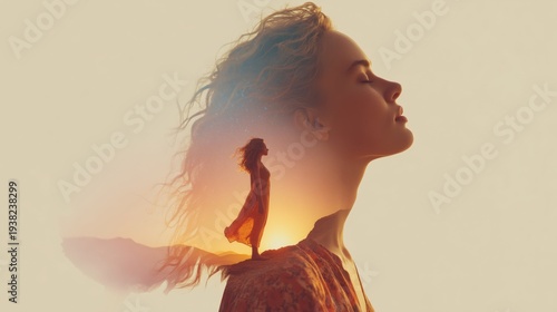 Double exposure artistic portrait of a woman with sunset mountain landscape.
