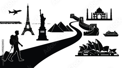 Global travel adventure with iconic world landmarks and diverse transport