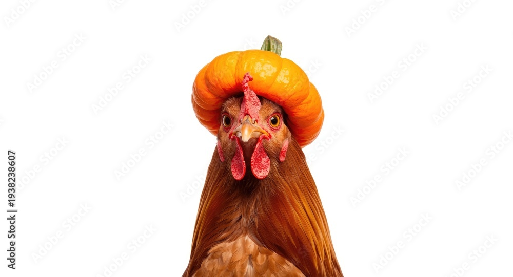 Fototapeta premium Amusing chicken in a bright pumpkin hat against a plain white background