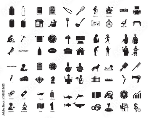 A comprehensive set of black and white silhouette icons is arranged in a grid, highlighting themes of journalism, food, travel, and technology.
