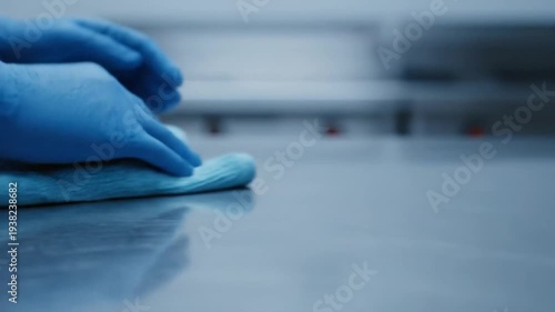 Hand wipes surface with blue glove.