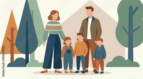 Minimalist illustration of a happy family with three children and trees