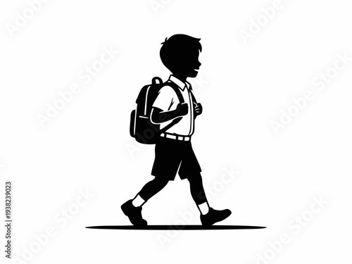 School boy walking with backpack silhouette vector illustration