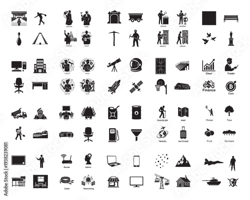 A comprehensive set of black and white silhouette icons is neatly arranged in a grid, depicting various professions, tools, and elements of daily life.