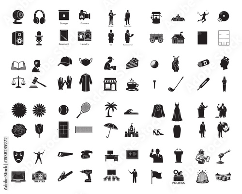 A comprehensive set of black and white silhouette icons is arranged in a grid, representing concepts of law, justice, education, and academic pursuits.