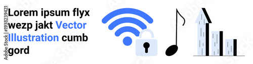Cybersecurity, wireless technology, music platforms, data analytics, online growth, digital security. Lock with signal waves, music note and bar chart. Cybersecurity and wireless technology concepts