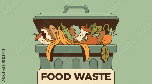 Illustration of food waste overflowing from a green compost bin