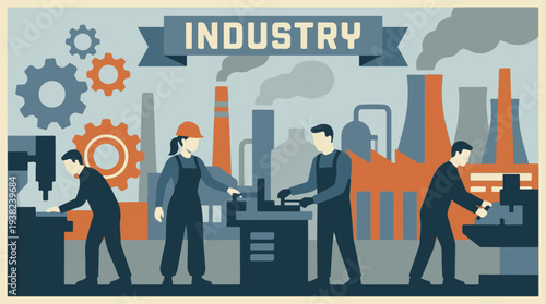 Industry concept illustration with factory buildings and workers