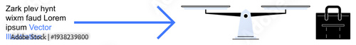 Modern business, logistics, delivery, technology, automation, workflow. An arrow pointing to a quadcopter and a briefcase. Modern business and logistics concept