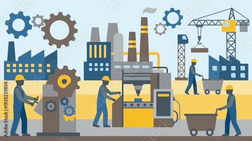 Industrial factory scene with busy workers, gears, and machinery illustration