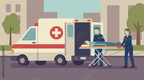 Emergency medical services loading a patient into an ambulance