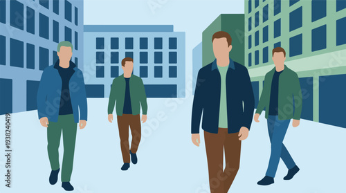 Illustration of men walking in a minimalist urban city street scene