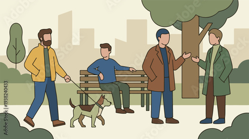 Urban park scene with people walking dog, sitting, and conversing outdoors