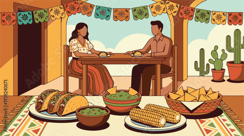 Festive Mexican Dinner with Couple, Tacos, Guacamole, Corn and Papel Picado