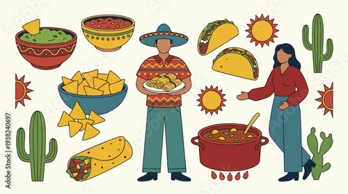 Mexican food, culture, and people in vibrant hand-drawn illustration.