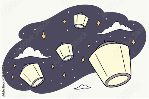 Mystic floating lantern sky cartoon simple vector illustration