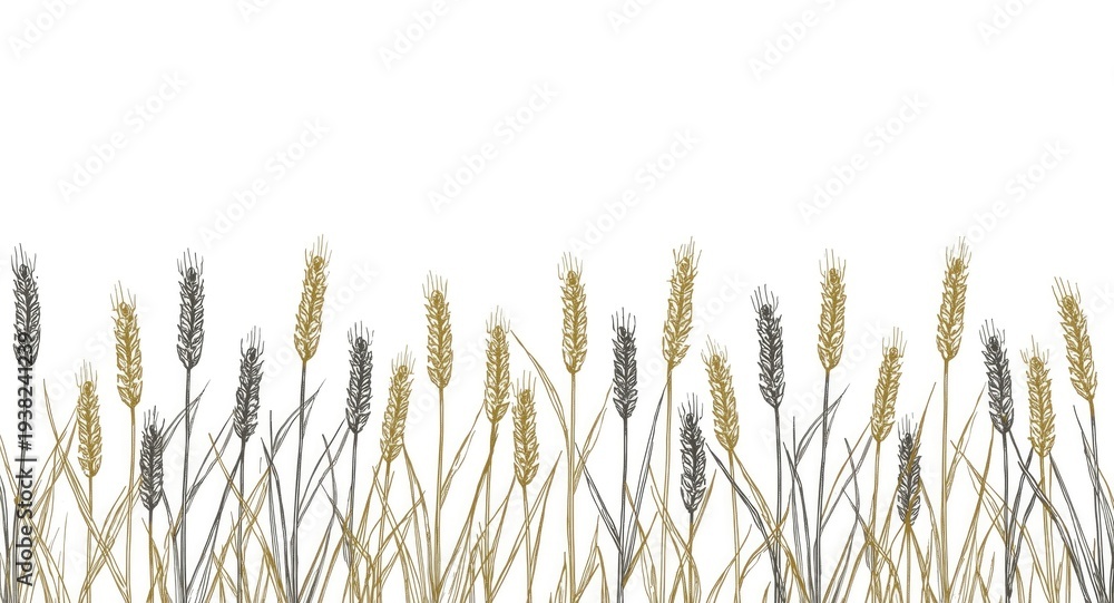 Naklejka premium Decorative bakery packaging border with hand drawn wheat spikelets in monochrome and gold sketch