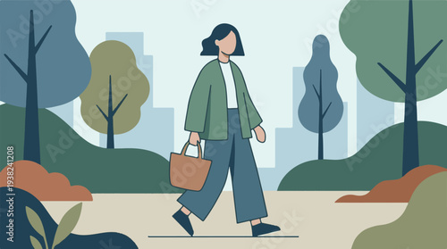 Flat design illustration of a woman walking in a city park