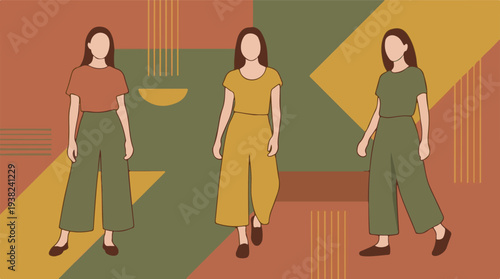 Minimalist fashion illustration of women in earthy tone casual outfits