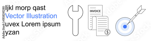 Business growth, finance management, invoice tracking, tools, goal achievement, professional services. Wrench, invoice with dollar sign dartboard with arrow. Business growth and finance management