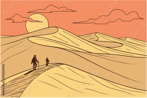 Golden desert dunes at sunset cartoon simple vector illustration