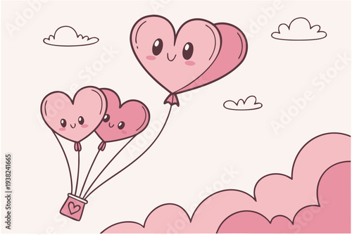 Cute sky with floating hearts cartoon background simple vector illustration