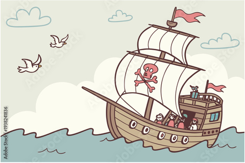 Pirate ship on the horizon cartoon background simple vector illustration