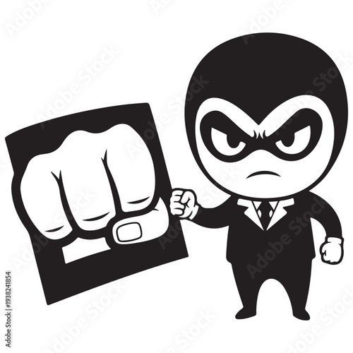 Angry Black and White Masked Character in Suit Holding a Fist Icon