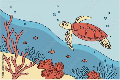 Sea turtle reef area cartoon background simple vector illustration