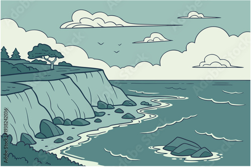 Ocean cliffside view cartoon background simple vector illustration