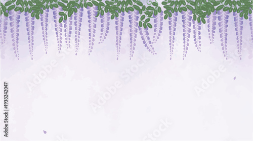 藤の花の横向きフラット背景｜上部から下がる和風ボタニカルデザイン