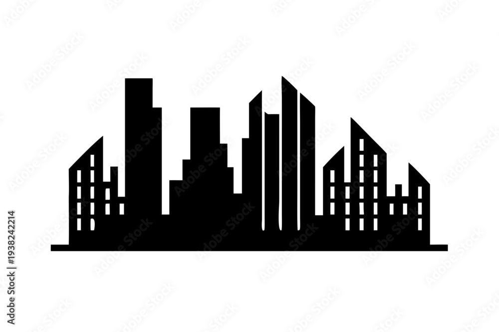 Fototapeta premium Silhouette of a modern city skyline with tall buildings.